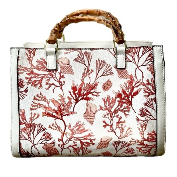 Liz Claiborne Handbags - 👜🌺 LIZ CLAIBORNE Vintage Red Coral Floral Vegan Leather Tote Bag | Spring Fresh